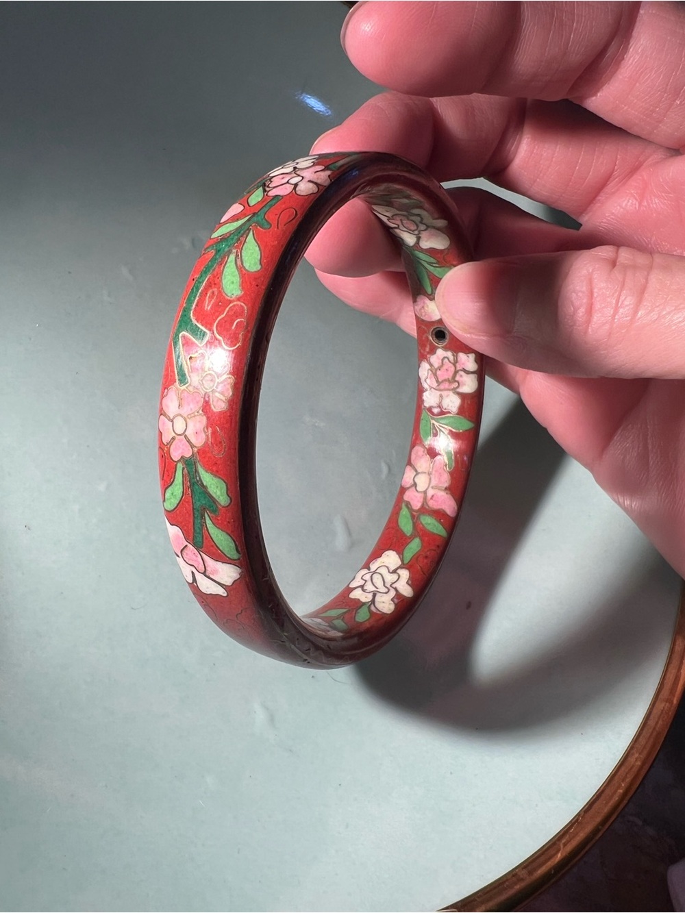 Antique Burgundy Floral Cloisonné Bangle Bracelet